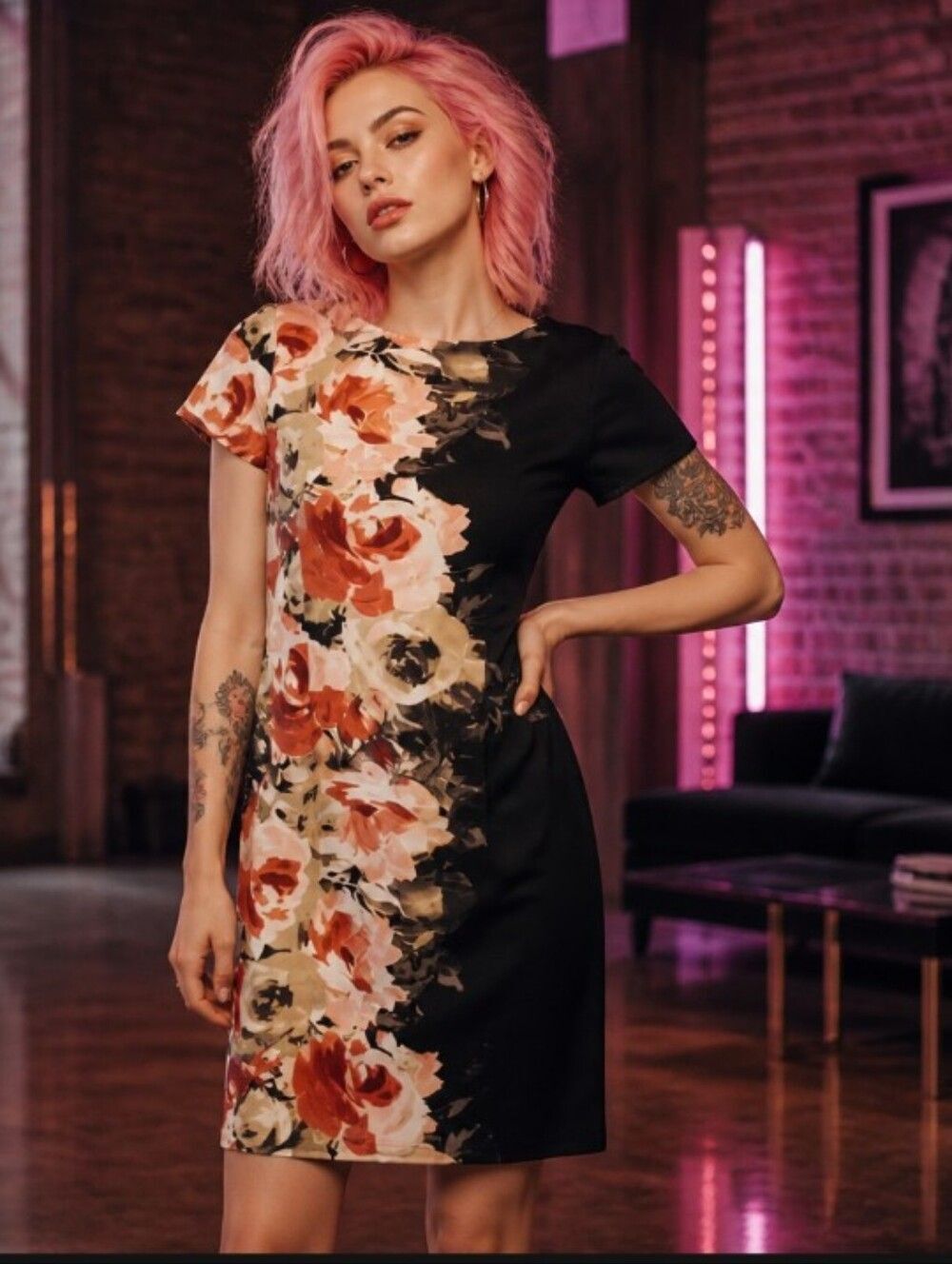 Floral Panel Shift Dress in Black and Coral Rose